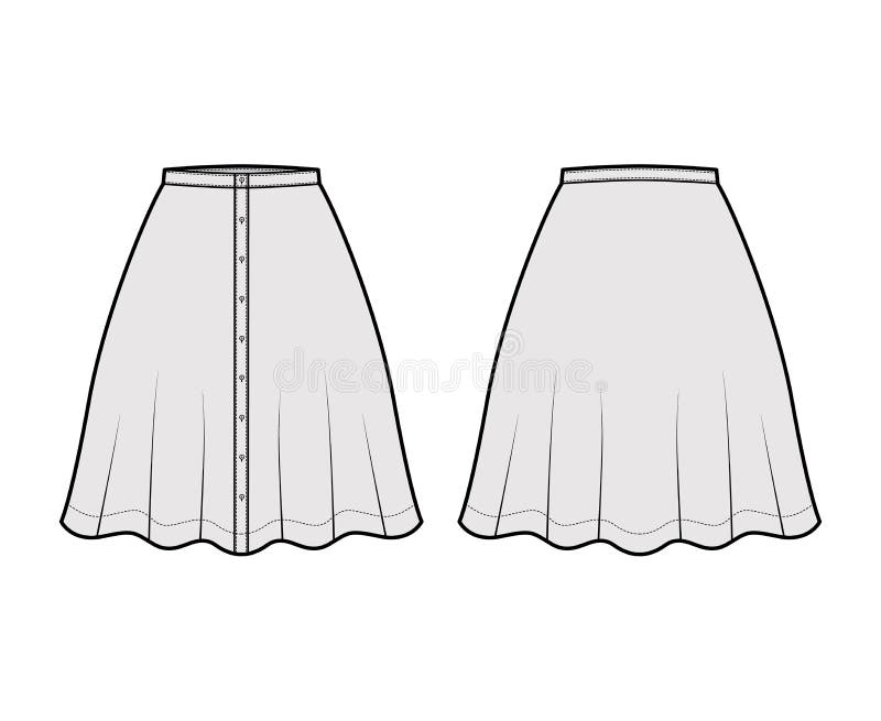 Skirt Button Down Technical Fashion Illustration with Semi-circular ...