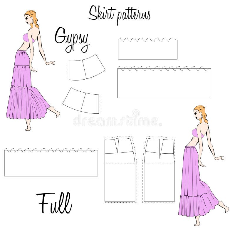 Gypsy Tiered and Full Circle Skirt Technical Sewing Patterns stock illustration