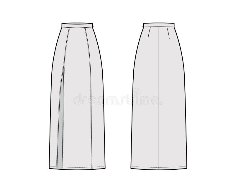 Skirt Slit Maxi Technical Fashion Illustration with Floor Ankle Lengths ...