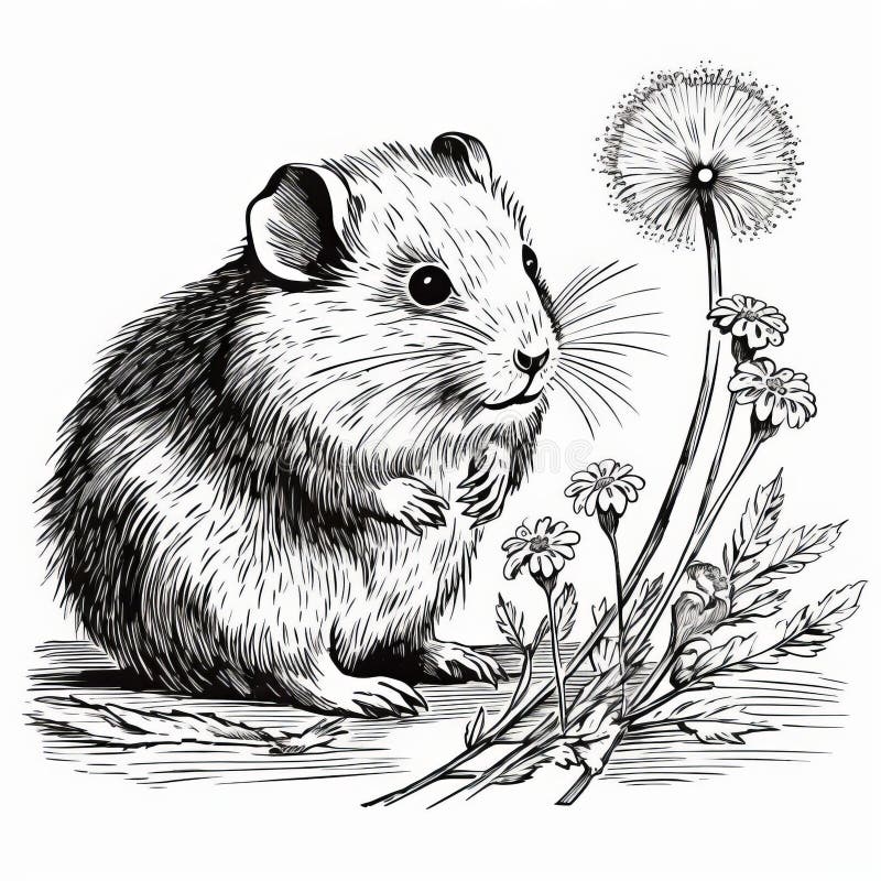 Skiss av en liten hamster med dandelioner : stil för örttrimpning vektor illustrationer