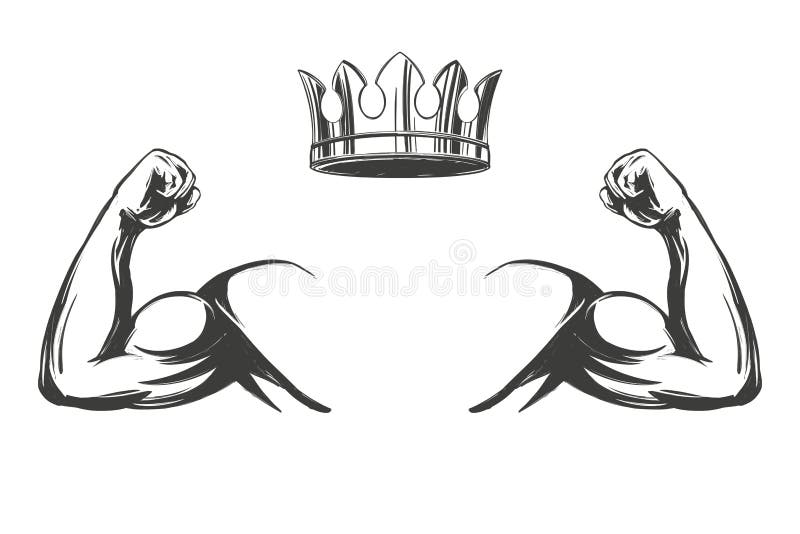 Skiss över armbågskarvar med stark hand och teckningssymbol med styrd vektorbild med krona vektor illustrationer