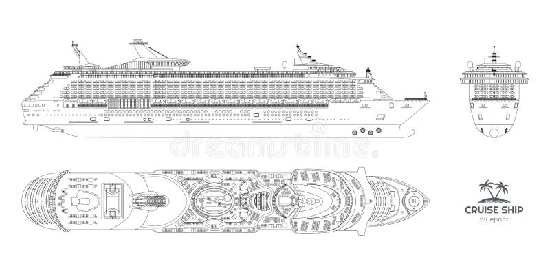 Skiss över kryssningsfartyg. överst- och framvy. isolerad linjefartyg. detaljerad ritning av det marina fartyget royaltyfri illustrationer