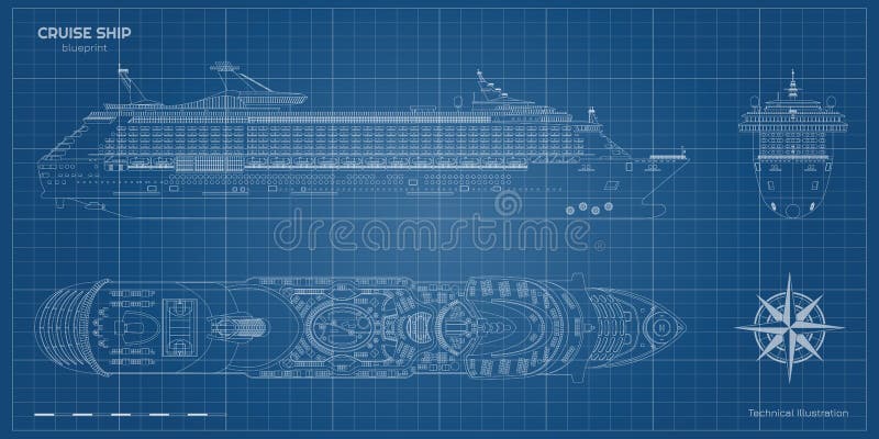 Skiss över kryssningsfartyg. överst- och framvy. konturstomme. detaljerad ritning av modernt marint fartyg. stock illustrationer