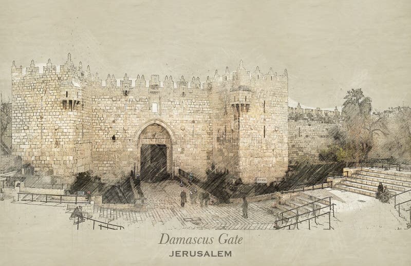 Skissa av den Damascus porten, Jerusalem
