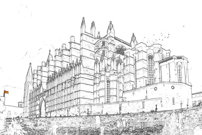 Skissa av La Seu, domkyrkan av Palma de Mallorca - Spanien vektor illustrationer Skissa av La Seu, domkyrkan av Palma de Mallorca - Spanien vektor illustrationer
