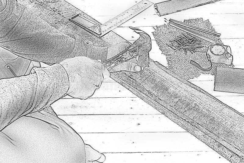 Skissa den manliga snickaren som använder hammaren och, spika på arbetsstället Bakgrundshantverkarehjälpmedel Zoom in arkivbild Skissa den manliga snickaren som använder hammaren och, spika på arbetsstället Bakgrundshantverkarehjälpmedel Zoom in arkivbild