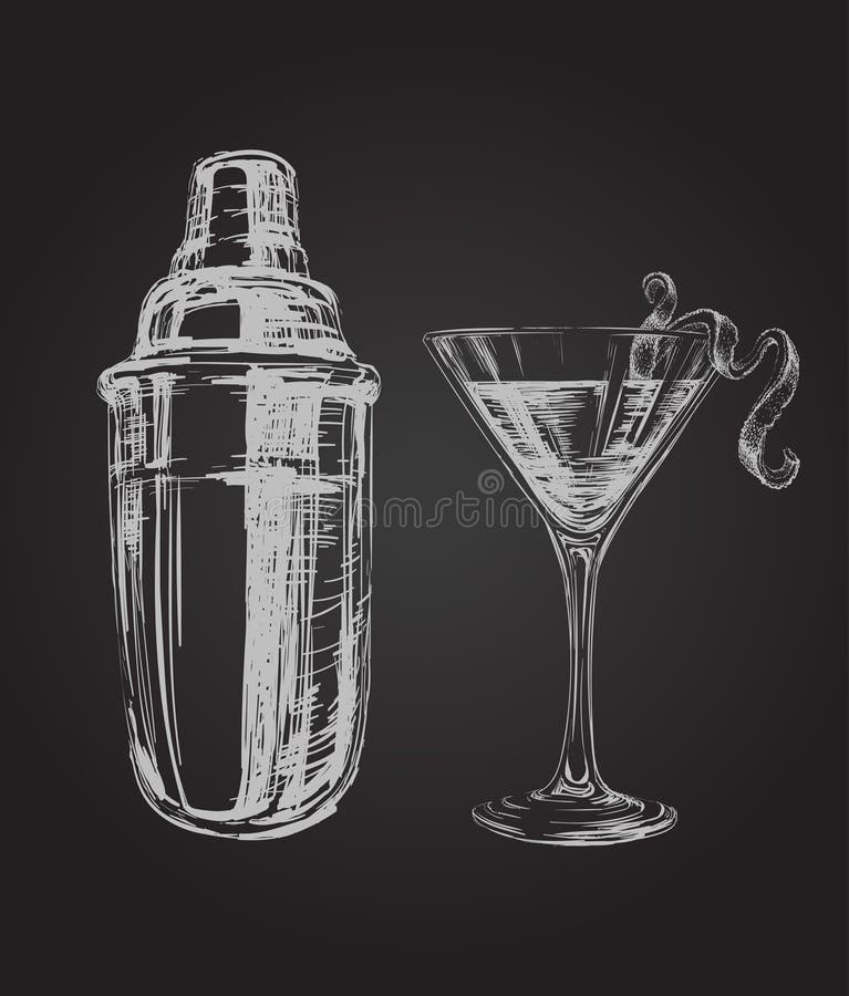 Skissa kosmopolitiska coctailar och Shaker Hand Drawn Illustration royaltyfri illustrationer Skissa kosmopolitiska coctailar och Shaker Hand Drawn Illustration royaltyfri illustrationer