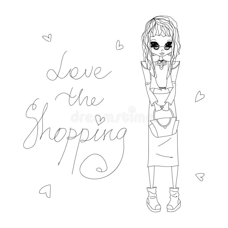 Skissa vektorförälskelse shoppingmodeillustrationen med en gullig skissad modeflicka vektor illustrationer Skissa vektorförälskelse shoppingmodeillustrationen med en gullig skissad modeflicka vektor illustrationer