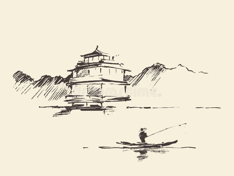 Skissar den orientaliska drog vektorn för landskappagoden sjön royaltyfri illustrationer Skissar den orientaliska drog vektorn för landskappagoden sjön royaltyfri illustrationer