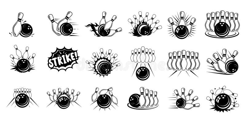 Skittles and Ball Crushing Minimalist Icons. Black and White Bowling Silhouette royalty free illustration