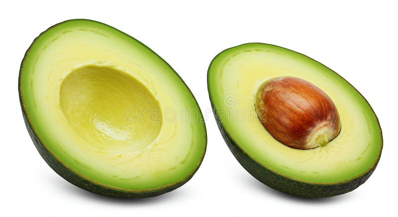 Skivor av moget avokado med ett levande grönt kött omges av ett stort, runt brunt vektor illustrationer