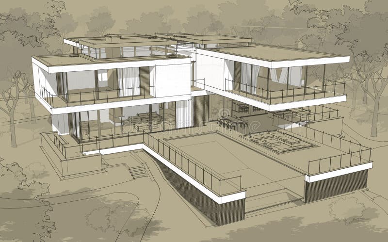 Skizze der Wiedergabe 3d des modernen Hauses stock abbildung