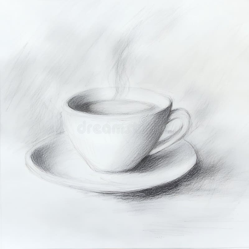 Skizze eines warmen Kaffeecups auf Saucer Kunststift Zeichnen Hot Beverage Tee Beg graue Linie gemütlich lizenzfreie abbildung