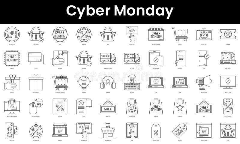 Skizze für Cyber-Montag-Symbole. Minimaler Satz an linearen Thin-Websymbolen. Vektorgrafik lizenzfreie abbildung