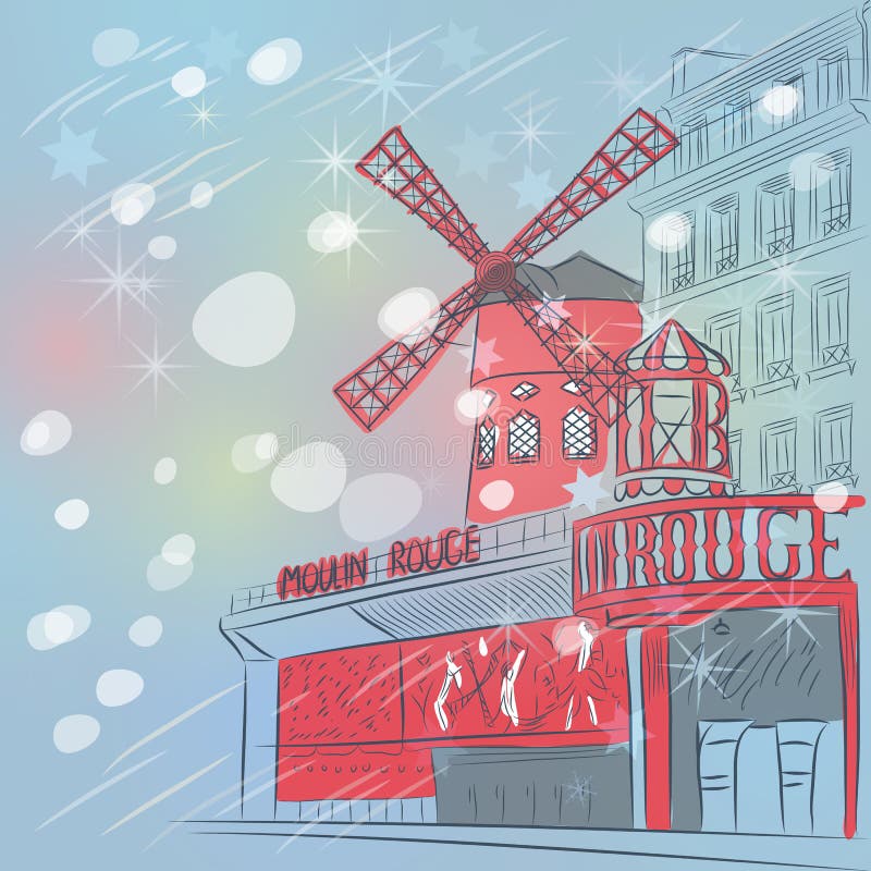 Vector sketch of christmas landscape with cabaret Moulin Rouge in Paris. Vector sketch of christmas landscape with cabaret Moulin Rouge in Paris