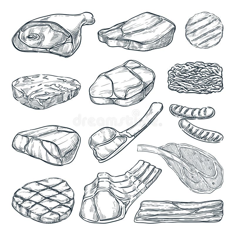 Skizzenvektordarstellung für die Fleischsammlung. handgezeichnete Lebensmittel. Rindsteak Schinken Schweinefilet Lamm stock abbildung