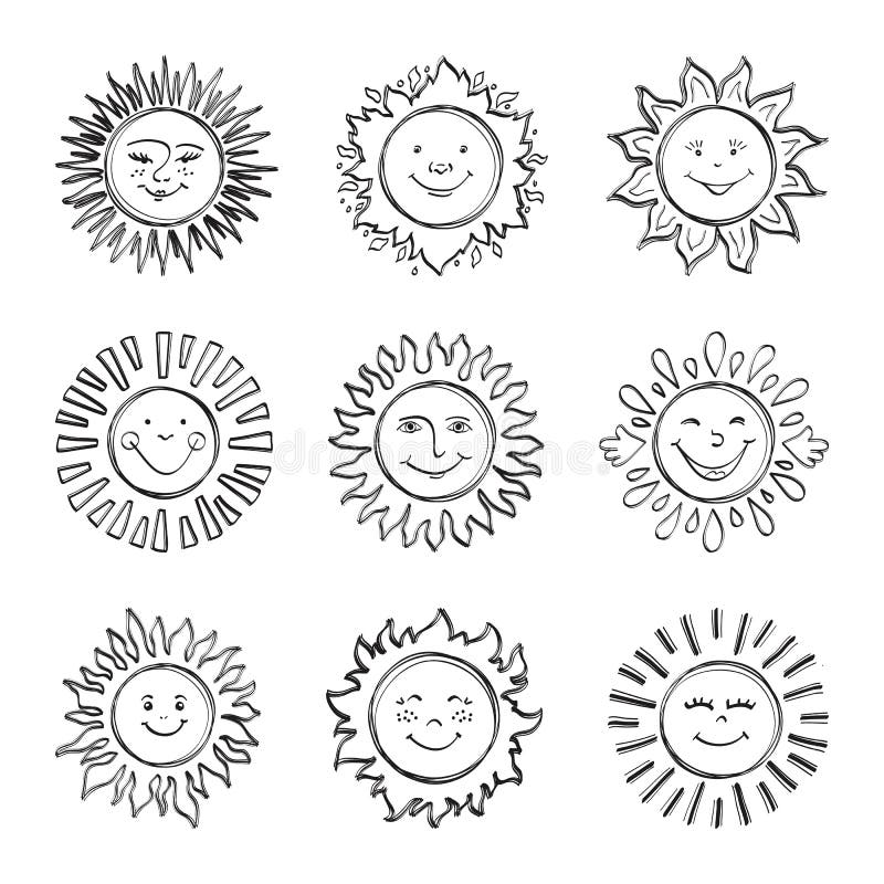 Skizzieren Sie die zeichnenden Sonnenkinder, übergeben Sie gezogene Sonnenscheinikonen, Gekritzelsonnen lizenzfreie abbildung Skizzieren Sie die zeichnenden Sonnenkinder, übergeben Sie gezogene Sonnenscheinikonen, Gekritzelsonnen lizenzfreie abbildung
