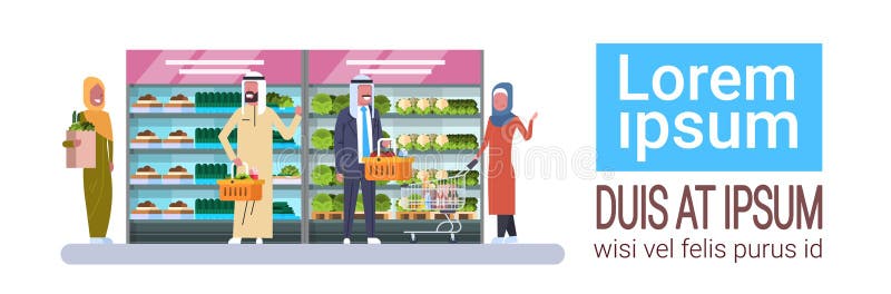 Sklep Spożywczy Z Arabskimi ludźmi zakupów produktów Horyzontalnego sztandaru Z kopii przestrzenią ilustracji Sklep Spożywczy Z Arabskimi ludźmi zakupów produktów Horyzontalnego sztandaru Z kopii przestrzenią ilustracji
