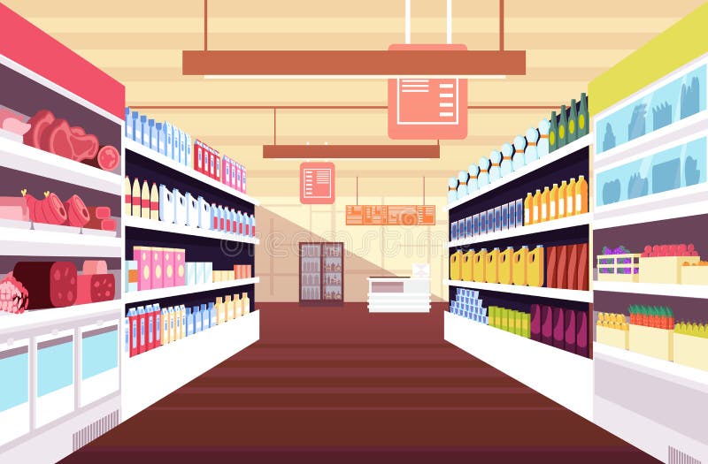Sklepu spożywczego supermarketa wnętrze z pełnymi produkt półkami Handlu detalicznego i konsumeryzmu wektoru pojęcie ilustracji Sklepu spożywczego supermarketa wnętrze z pełnymi produkt półkami Handlu detalicznego i konsumeryzmu wektoru pojęcie ilustracji
