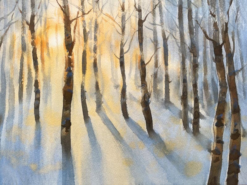 Skog under vintersolnedgång abstrakt vattenfärgsbakgrund arkivbild
