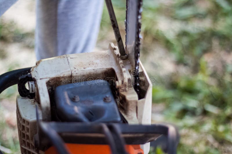 Woodman made a stop in the cutting of trees to sharpen and tighten the chain of chainsaws, hand with screwdriver. Woodman made a stop in the cutting of trees to sharpen and tighten the chain of chainsaws, hand with screwdriver