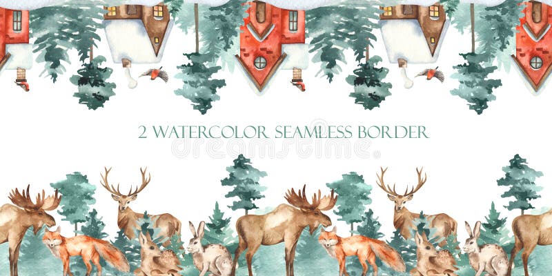 Skogsdjur Vintern hyr tallskog med torra trädsmyror. sömlösa vattenfärgsgränser royaltyfri illustrationer