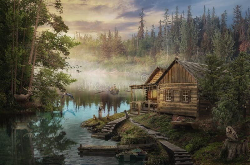Forester's Cabin by the river in the forest (illustration of a fictional situation, in the form collage of photos). Forester's Cabin by the river in the forest (illustration of a fictional situation, in the form collage of photos)