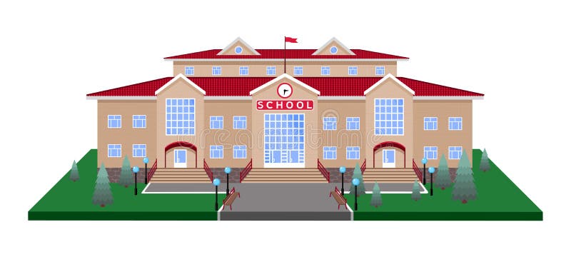 skola klassisk ljus beige tegelstenbyggnad på den fyrkantiga gräsmattaplattformen med vägen med effekt 3D vektor illustrationer skola klassisk ljus beige tegelstenbyggnad på den fyrkantiga gräsmattaplattformen med vägen med effekt 3D vektor illustrationer