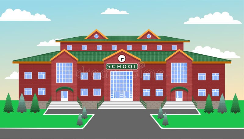 Skola mot den blåa himlen, med gräsmatta, banor, gran och granträd stock illustrationer Skola mot den blåa himlen, med gräsmatta, banor, gran och granträd stock illustrationer