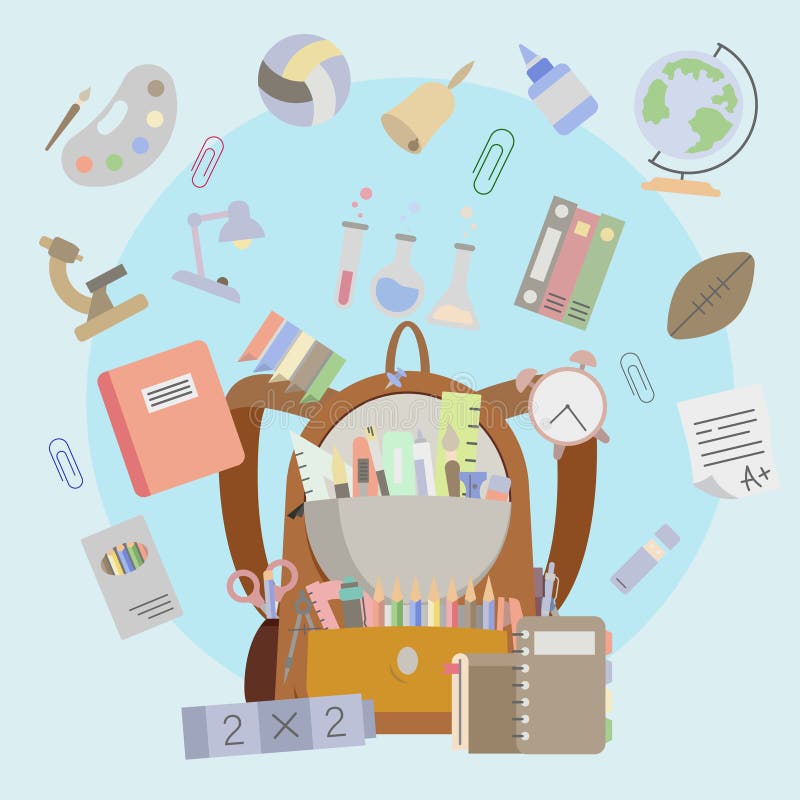 Skolartiklar i ryggsäck. skolikoner. Allt du behöver i skolan royaltyfri illustrationer