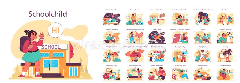Skolbarnsschema och angivna uppgifter. daglig skolgång stock illustrationer