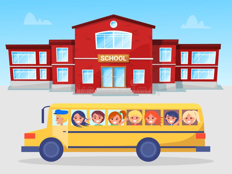 Skolbuss och skolelever, skolpojke och skolflicka stock illustrationer