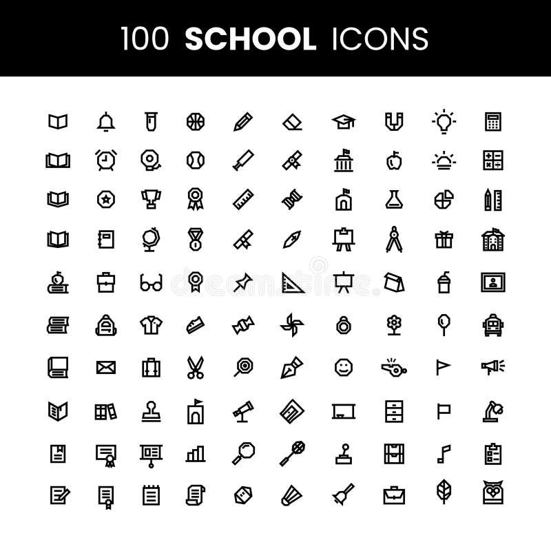 100 School Icons. Set of Education. Simple Line Style Vector Perfect Illustrations. 100 School Icons. Set of Education. Simple Line Style Vector Perfect Illustrations.