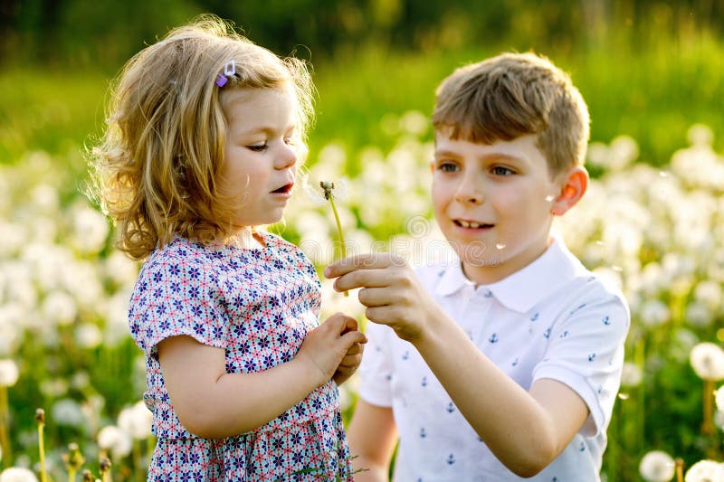 Skolpojke och liten flicka som blåser på en dandelionblomma på naturen på sommaren. Gott friska småbarn arkivfoton