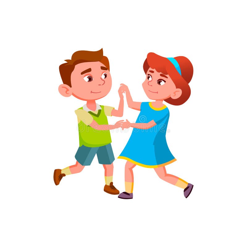 Skolpojke och skolflicka danswaltz-vektor. Kaukasisk pojke och flicka par dansar klassisk dans på scen. Tecken som tränar och tränar platt teckningsbild