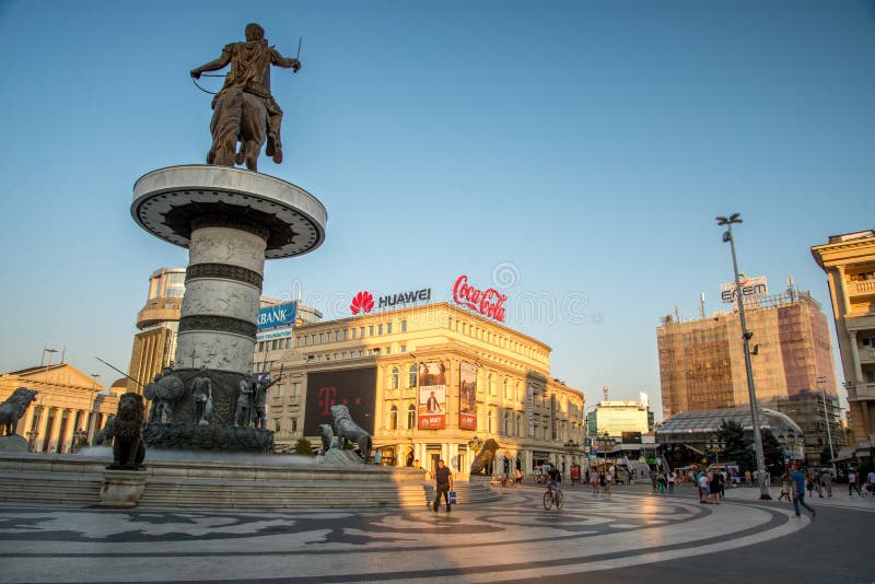 SKOPJE,MACEDONIA-AUGUST 29,2018:Macedonia Square late afternoon in at the center of Skopje royalty free stock photos SKOPJE,MACEDONIA-AUGUST 29,2018:Macedonia Square late afternoon in at the center of Skopje royalty free stock photos
