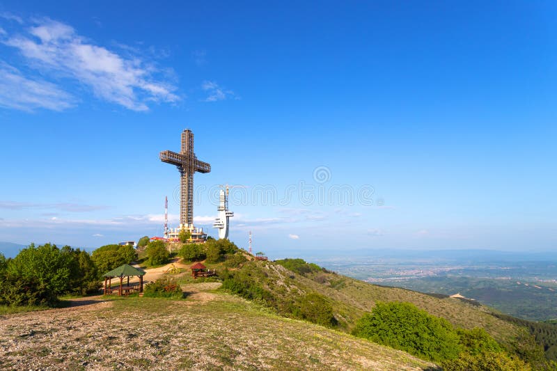 Skopje. North Macedonia. May 17, 2023. Millennium Cross, built on top Vodno Mountain in 2002 to commemorate 2,000 years of Christianity in Macedonia. Skopje. North Macedonia. May 17, 2023. Millennium Cross, built on top Vodno Mountain in 2002 to commemorate 2,000 years of Christianity in Macedonia.