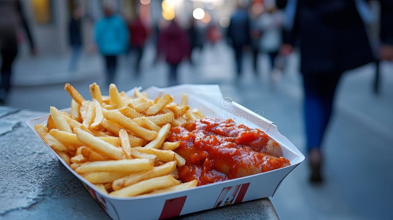 Skorg och pommes frites i pappersfack på sidpromenad. arkivbilder