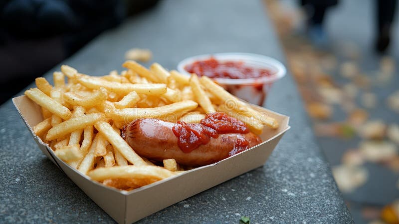 Skorg och pommes frites i pappersfack på sidpromenad. royaltyfria bilder