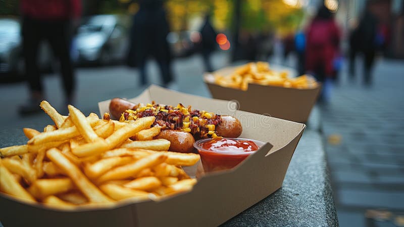 Skorg och pommes frites i pappersfack på sidpromenad. fotografering för bildbyråer