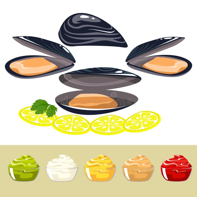Skorupy mussels z cytryną i kumberlandem royalty ilustracja Skorupy mussels z cytryną i kumberlandem royalty ilustracja