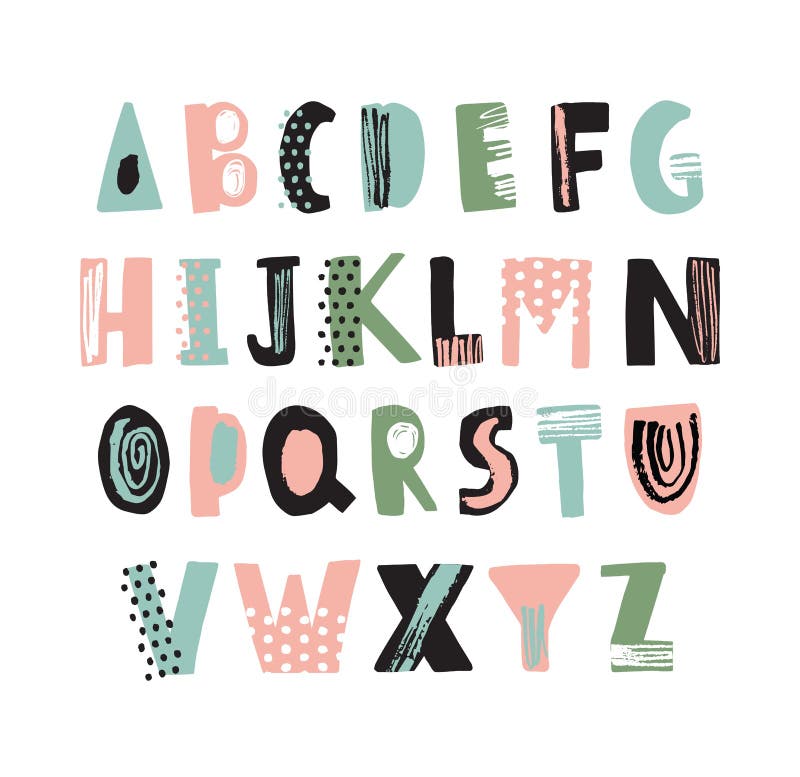 Skraj latinsk stilsort eller barnslig hand för engelskt alfabet som dras på vit bakgrund Färgrika texturerade bokstäver som dekor