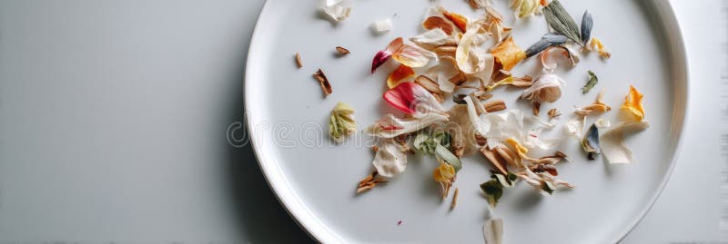 Skrapor av matavfall på ett minimalistiskt plåt som visar botaniska rester i en tillfällig inställning royaltyfri foto