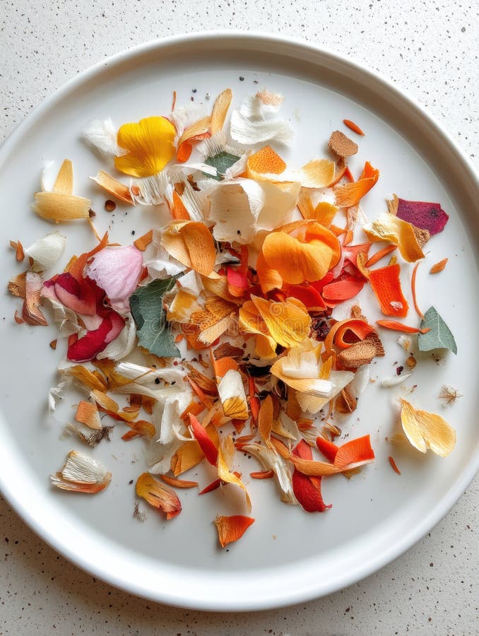 Skrapor på ett minimalistiskt plåt från ett top-down-perspektiv som visar färglösa rester av frukt och blommor arkivbild