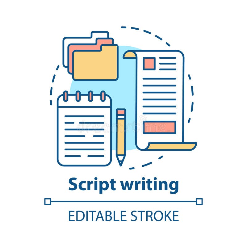 Skript, das Konzeptikone schreibt. scriptwriting Screenwriting. copywriting dünnes Zeilendarstellung der Idee. Inhaltsschaffung stock abbildung
