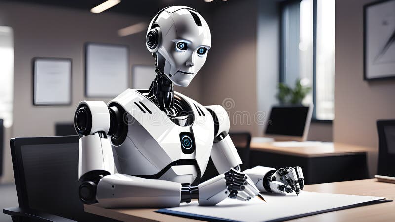 Skriva med penna på papper. robot skriver svar till klienter. generativ ai royaltyfri foto
