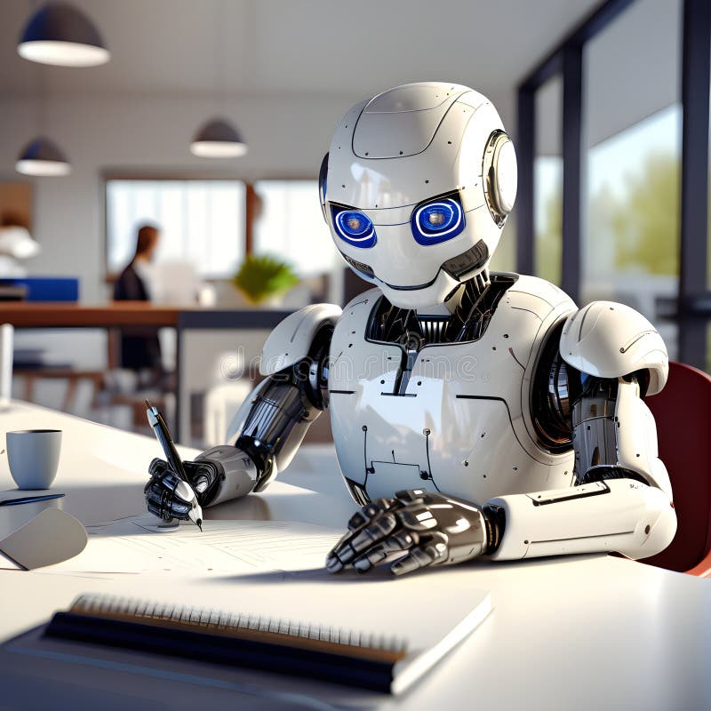 Skriva med penna på papper. robot skriver svar till klienter. generativ ai royaltyfria bilder