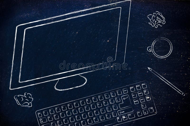 Skrivbord med det datorskärmen, tangentbordet och kaffe fotografering för bildbyråer Skrivbord med det datorskärmen, tangentbordet och kaffe fotografering för bildbyråer