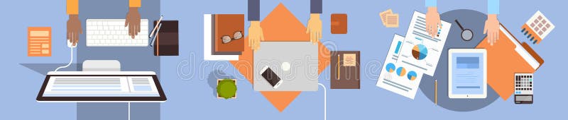 Skrivbordet för arbetsplatsen för affärsfolk räcker den funktionsdugliga bärbar dator- och minnestavladatoren teamwork för kontor vektor illustrationer