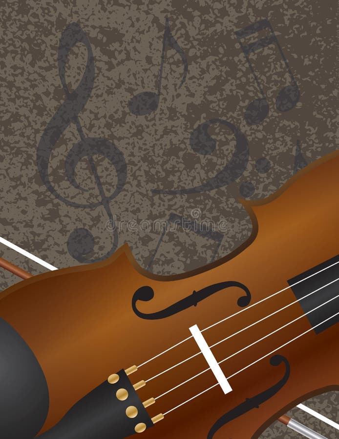Violin and Bow Closeup with Musical Notes Textured Background Illustration. Violin and Bow Closeup with Musical Notes Textured Background Illustration